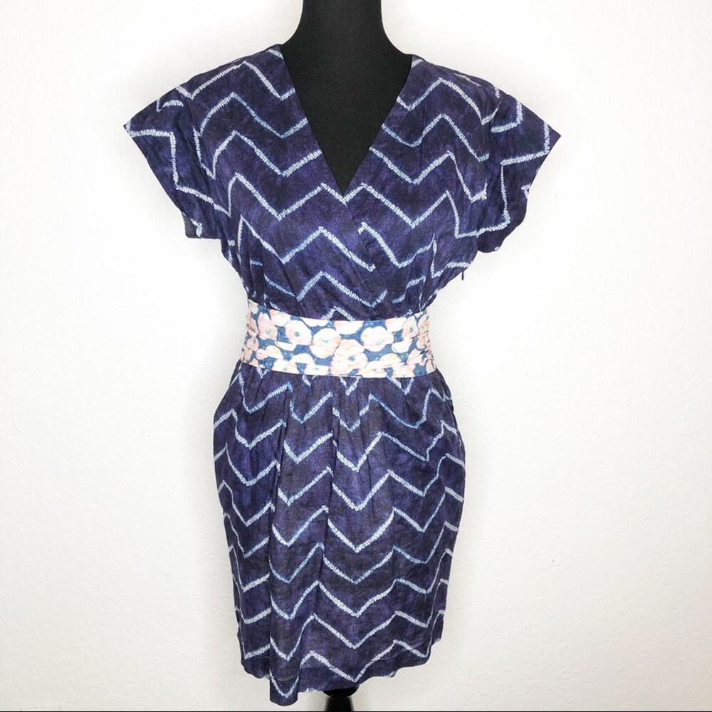 Rachel Rachel Roy navy blue white chevron floral waist dress size 6